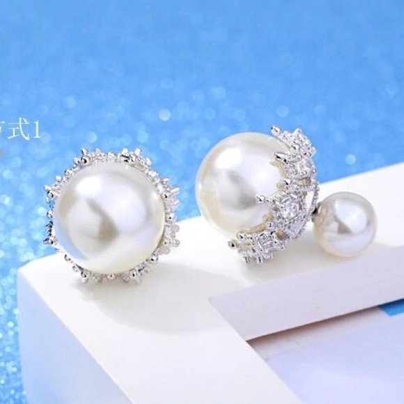 NEW 925 Sterling Silver Diamond Pearl Earrings V - Picture 5 of 11